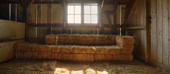 A close up view of a cozy couch placed in a barn surrounded by dry hay, creating a rustic and warm ambiance