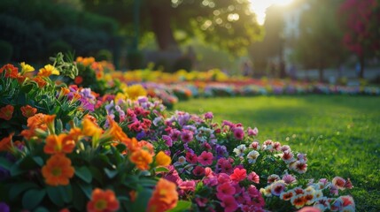 Flower bed in a park with sunlight