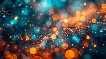 Obraz na płótnie Canvas An abstract network with a depth of field effect, showcasing interconnected particles in a dance of orange and blue bokeh lights. 