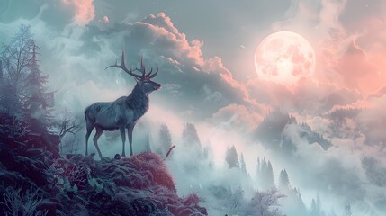 Majestic Stag Silhouetted Against Ethereal Moonlit Landscape