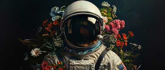 An astronaut in a white space suit with flowers on the helmet, against a black background