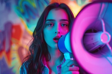 Woman with megaphone, neon graffiti background