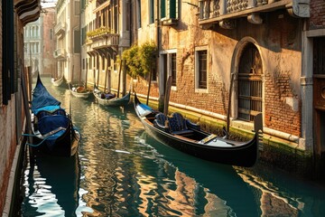 Fototapeta na wymiar A peaceful Venetian canal in early morning light with gondolas moored at the side, Early morning on the Canal,, Ai generated