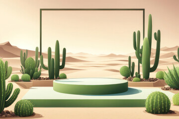 Podium stage Presentation with nature. An illustrated desert landscape featuring various types of cacti and a centered circular platform, with a frame that can be used for text or images