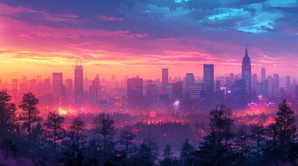 Fototapeta na wymiar Surreal city skyline with a forest foreground at dusk, blending urban and natural elements in a dreamlike vista, concept of nature meets urbanization