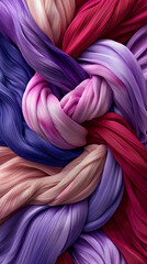 Purple pink blue violet twisted silk fabric, interwoven textile material, smooth folded ribbons