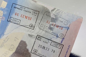 Open Travelers passport and international entry stamps