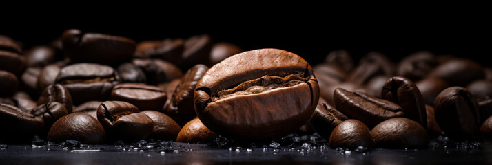 A close up of coffee beans on a black background. - obrazy, fototapety, plakaty