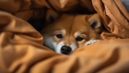 A cute Shiba Inu puppy dog is hiding under an orange blanket.