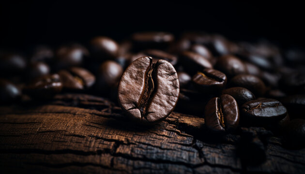 A close up image of a single coffee bean sitting on a wooden table with a dark background.