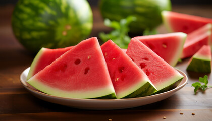 A plate of watermelon slices on a wooden table.