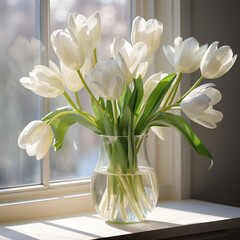 A photo of white tulips in a glass vase sitting on a white table in front of a window.