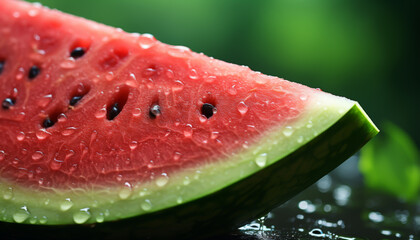 A slice of watermelon on a black table with water drops on the surface. The background is blurred.
