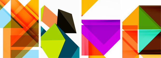 Fototapeta premium A vibrant display of colorfulness featuring rectangles, triangles, and shades of purple on a white canvas. This artistic composition showcases creativity and material properties in art