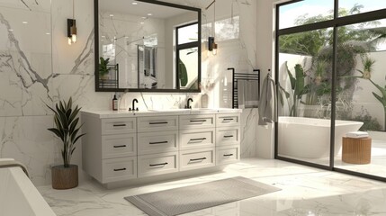 generate luxury bathroom with floating vanity picture four drawers, shaker grey cabinets, black handles, white marble tiles,​