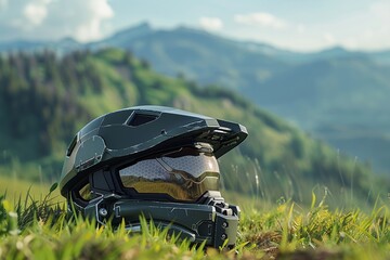 Halo Master Chiefs helmet laying on the ground, grass and mountains in background