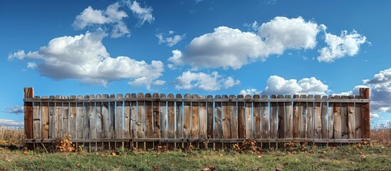 Fototapeta na wymiar A rustic wooden fence stretches across the view under a sky filled with fluffy clouds