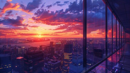 Panoramic cityscape with skyscrapers reflecting the hues of sunset, overlooking a vibrant metropolis, concept of urban exploration and architecture