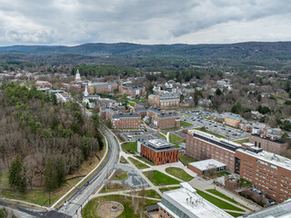 Spring aerial photo of Hanover, NH on a partly cloudy day.