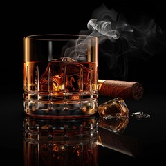 cigar and glass with whiskey, black background, smoke coming from the tip of one cigar