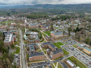 Spring aerial photo of Hanover, NH on a partly cloudy day.