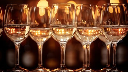 Close-up of wine or champagne glasses in row for abstract backgrounds restaurant. Empty clean glasses stands in row on rack bar prepared by bartender for event ceremony.