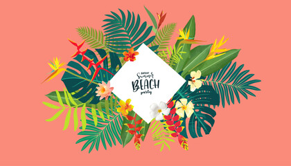 Vector tropical floral card, Hawaiian touch. Lush summer design, hibiscus, plumeria on peach color backdrop. Summer beach party illustration, greenery frame. Vacation parties modern template