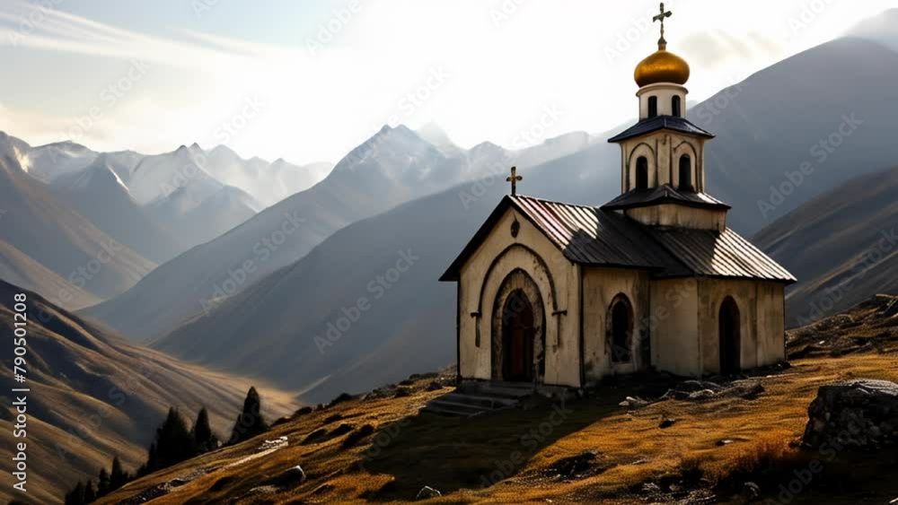 Poster  Serene mountain chapel a secluded sanctuary