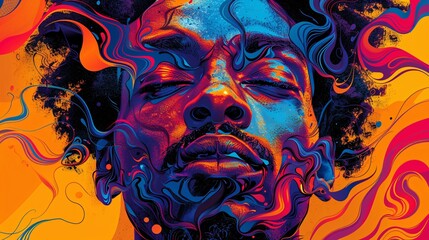 a dynamic popup poster featuring a vibrant digital portrait of a man. Bold colors and intricate details