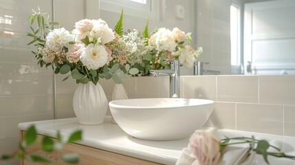 Half bathroom in beautiful, light colors, flowers, modern details ​