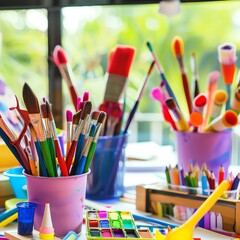 Art classroom with diverse educational supplies, close-up, creative chaos, vibrant colors, daylight.