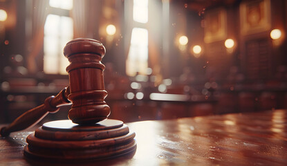 Gavel on Table in Courtroom with Blurred Imagery