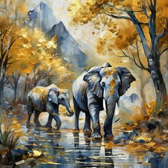 Abstract oil painting art. Flowers, leaves, elephants, zebras, horses, sprinkle paint on paper. Shiny golden texture. Prints, wallpapers, posters, cards, murals, rugs, hangings, wall art.