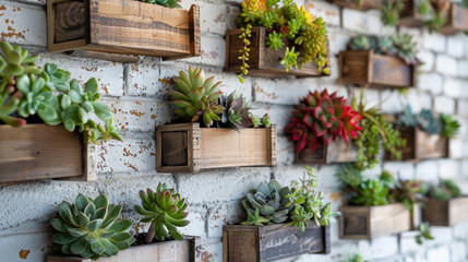Fototapeta na wymiar Modern Plant Wall with Wooden Planters
