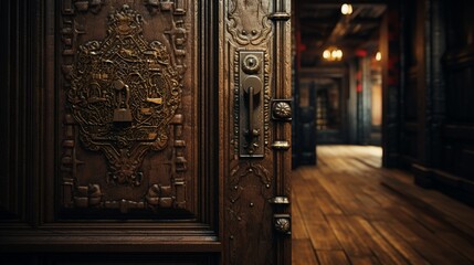 An old, weathered wooden door with intricate carvings and a worn brass doorknob ,3DCG,high resulution,clean sharp focus - obrazy, fototapety, plakaty