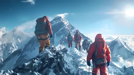 Fotobehang Intrepid Mountaineers Confront Perilous Ascent of Towering Snowy Peak on Harrowing Expedition © T