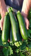 Bountiful Harvest of Fresh,Organic Zucchinis Grown with Care on a Flourishing Farm