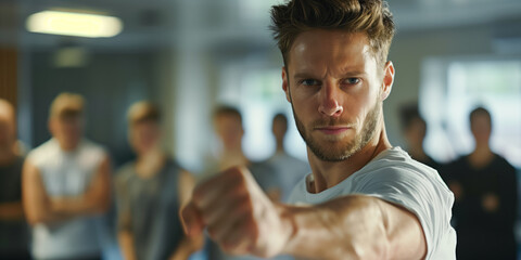 Happy handsome man takes a self-defense course together with other people - obrazy, fototapety, plakaty