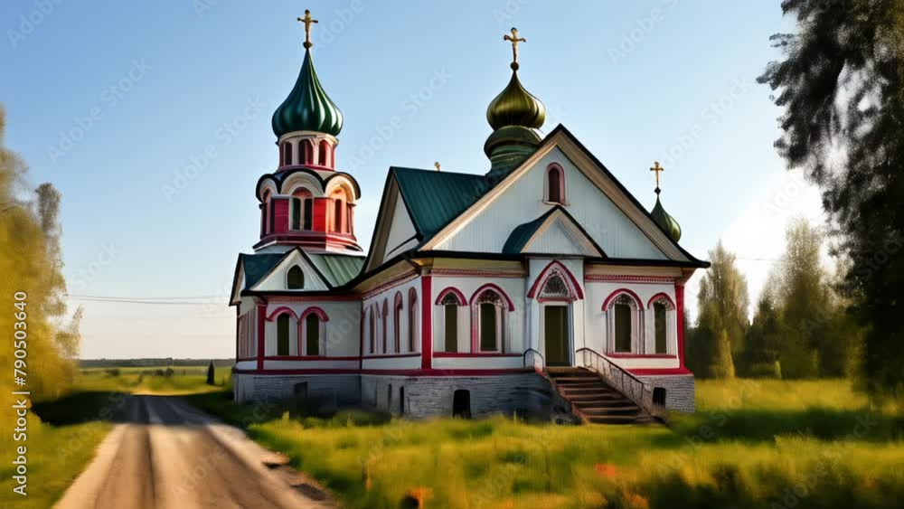 Wall mural  Charming rural church with vibrant colors and a welcoming atmosphere