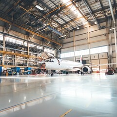 Aerospace engineering equipment in a hangar, wide angle, vast and precise, natural daylight.