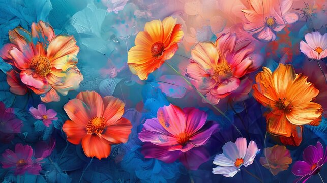 Beautiful floral background. Colorful flowers. Oil painting. Abstract art background. copy space