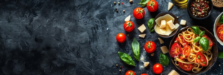 Pasta with tomatoes and cheese on dark background.