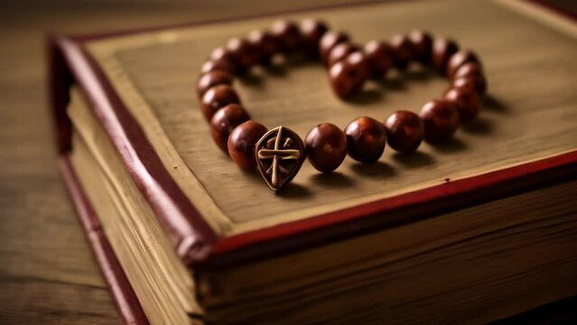  A rosary a symbol of faith rests on a holy book