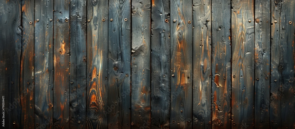 Poster close up of an old wooden fence with signs of decay, including rust and distinct woodgrain patterns,