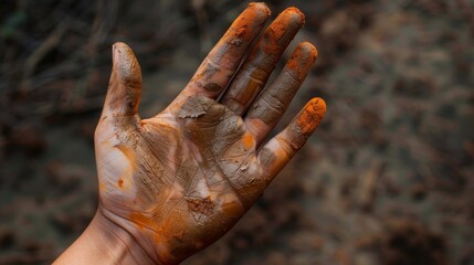 in agreement with nature earth concept with human hand and earth hand There's clay color all over the hand, 
