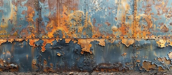 Old worn metallic sheet showing signs of corrosion and peeling paint layers, presenting a weathered and textured appearance