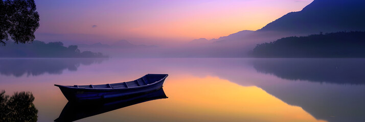 Mystical Dawn: Early Morning Serenity Reflected in Still Waters and Misty Mountains