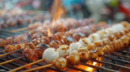 Close-up of skewered food on grill