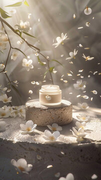 An image showcasing a minimalist natural cosmetic cream jar, placed on a polished stone surface, surrounded by a halo of soft, natural light and scattered petals of white flowers, 