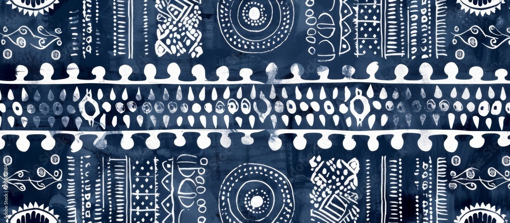 Poster a detailed, intricate design of blue and white, featuring a multitude of tiny dots in a repeated pat